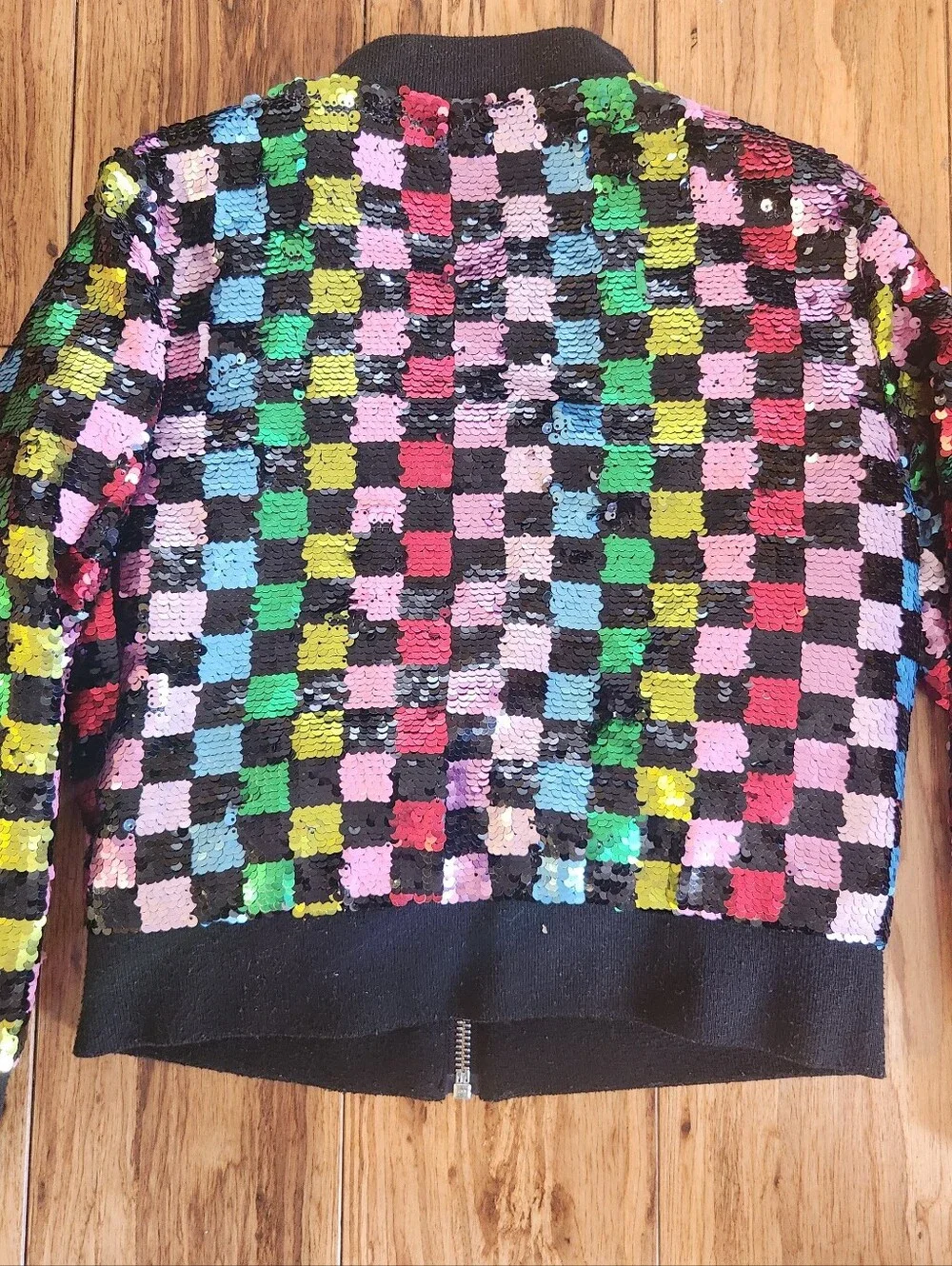 Rockets of Awesome Rainbow Sequined Checkerboard Bomber Jacket – Kids Size 6